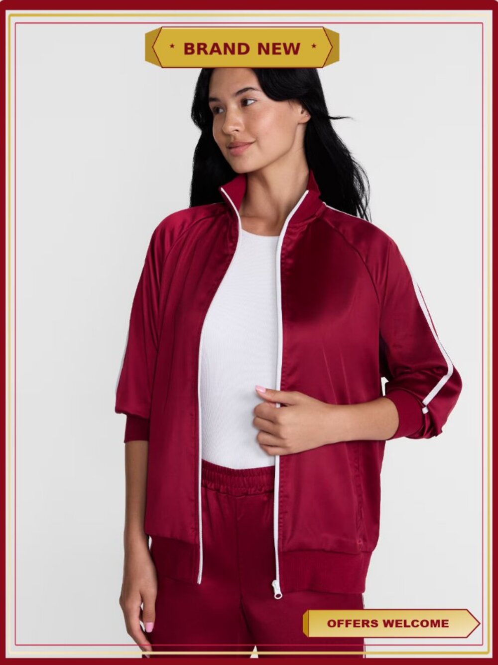 Satin Track Jacket with Racing Stripes Relaxed Fit Athleisure